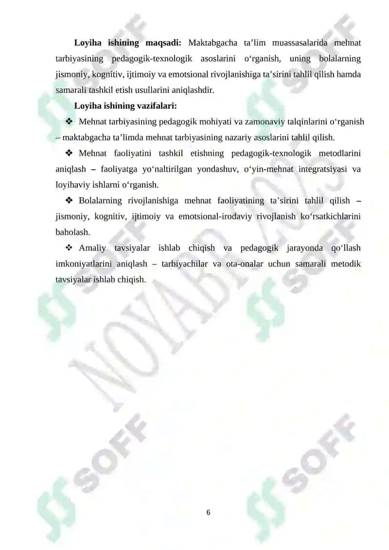 Maktabgacha ta`lim tashkilotlarida ta`lim-tarbiya jarayonini tashkil etishda mehnat tarbiyasining o`rni 6