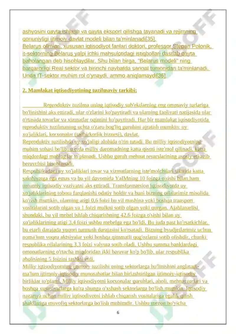 Mamlakat YAIM ning o'sish sur'atini aholi jon boshiga taqsimoti va uning ta'minlashning sifat ko'rsatkichlari 6