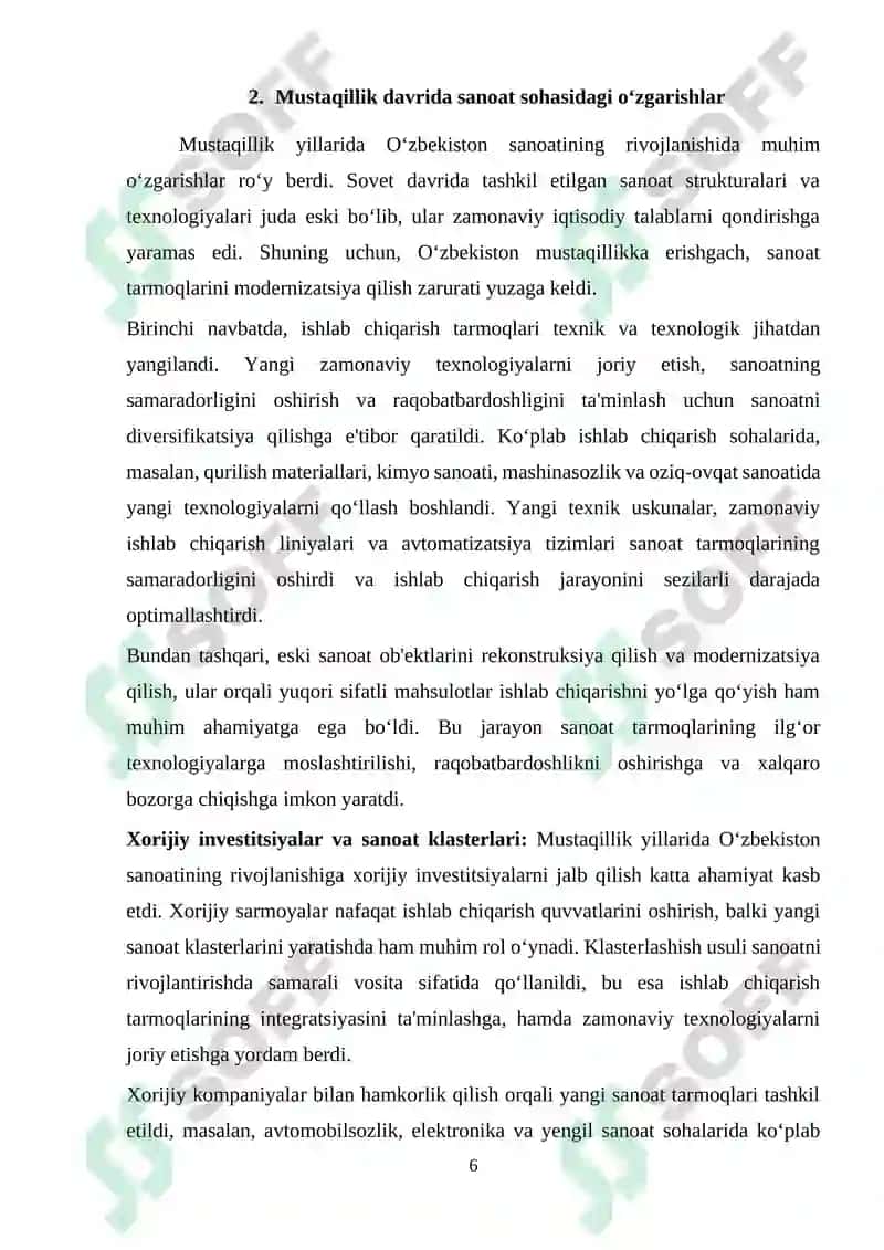 MUSTAQILLIK YILLARIDA QISHLOQ XO‘JALIGI VA SANOAT SOHASIDAGI O‘ZGARISHLAR 6