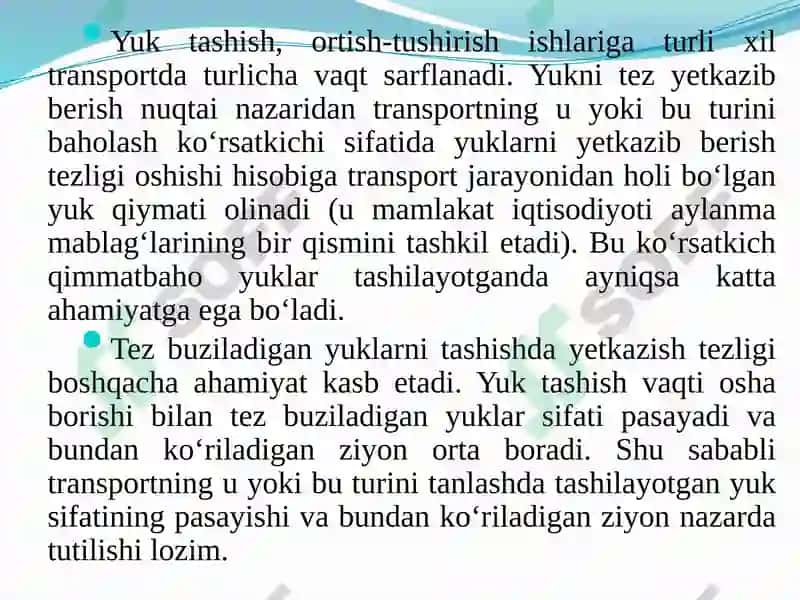 Trаnsportning аsosiy turlаri о‘rtаsidа yuk vа pаssаjir tаshishni оqilonа tаqsimlаsh 6