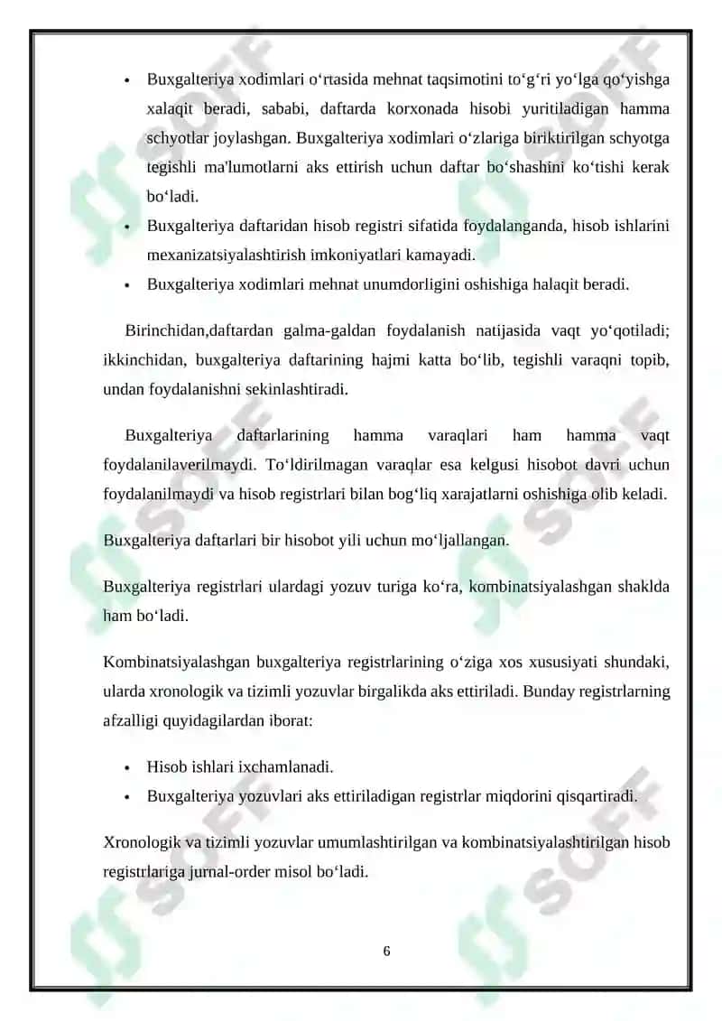 Hisob registrlari va shakllari haqida tushuncha va ularning Buxgalteriya hisobidagi roli va ahamiyati 6