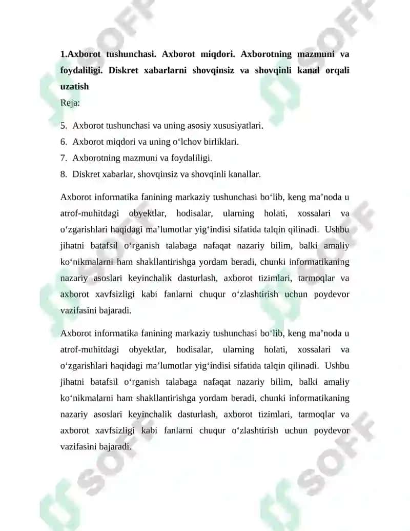 INFORMATIKANING NAZARIY ASOSLARI FANIDAN MUSTAQIL TA’LIM ISHI 6