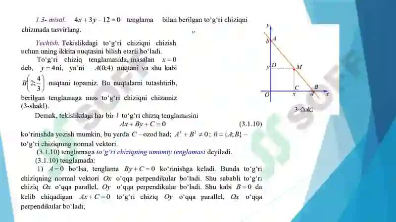 Tekislikda to’g’ri chiziq tenglamasini turli ko’rinishda berilishi. Tekislikda ikkita to’g’ri chiziq orasidagi burchak. Nuqtadan to’g’ri chiziqqacha bo’lgan masofa. 6
