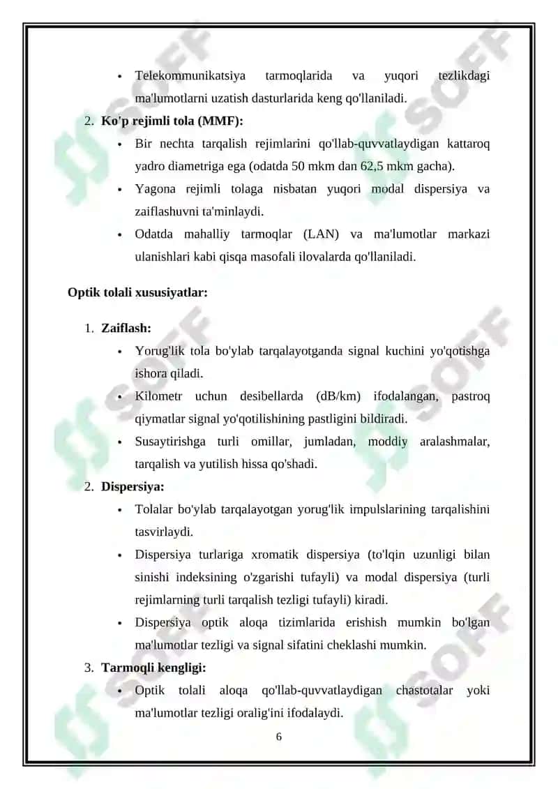 Magistral va regional tarmoqlarda qoʻllaniladigan raqamli optik uzatish tizimlari 6