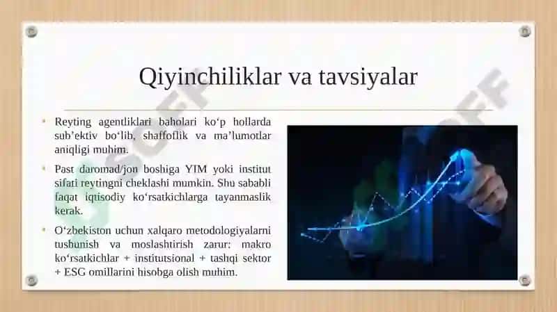 Moliyaviy holatni reyting baholash bo‘yicha xalqaro tajribalar va ulardan mamlakatimiz tahlil amaliyotida foydalanish imkoniyatlari. 6