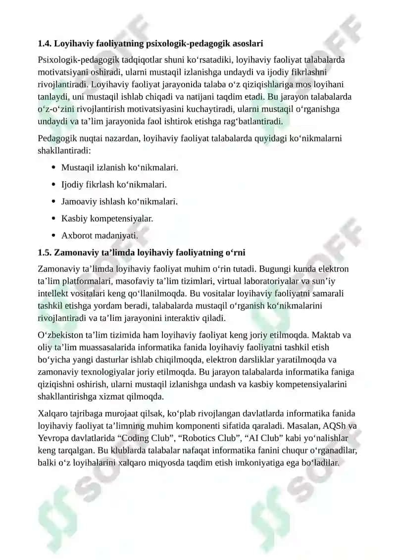 "Informatika fanidan loyihaviy faoliyatni tashkil etish metodikasi" mavzusida kurs ishi 6