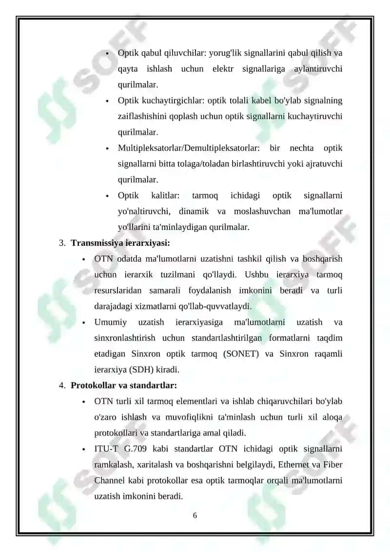 Optik aloqa tizimlarida Optik transport tarmogʻida liniya interfeys turlari va ularning qoʻllanilish afzalliklari 6