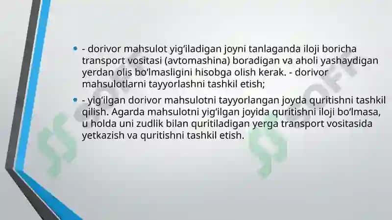 Xalq tabobatida dorivor o’simliklarni tayyorlash, saqlash va ishlov berish usullari 6