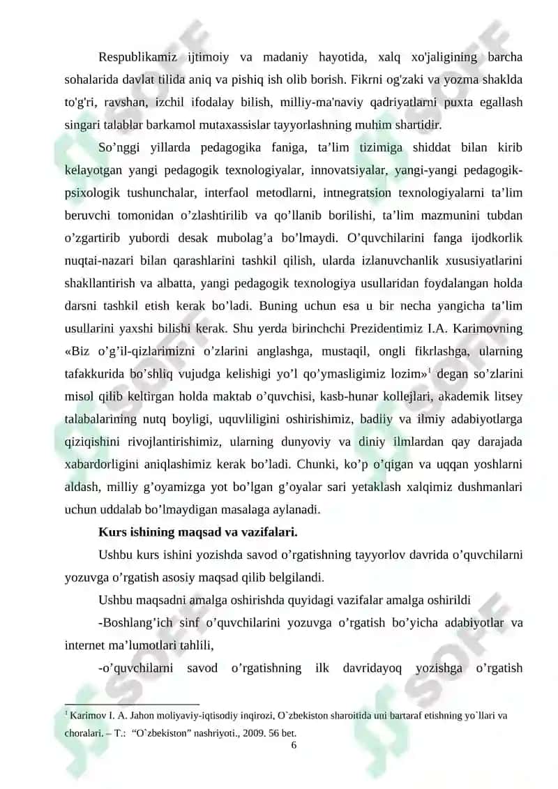 Savod oʻrgatish davri yozuv darslarida mustaqil ishlarni tashkil etish. 6