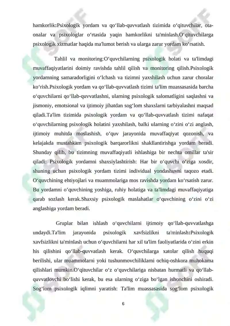 Ta’lim psixologiyasi; qo’llab-quvvatlash maydoni; kuzatuv maydoni. 6