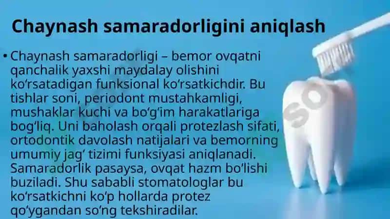 Chaynov bosimini va chaynash samaradorligini aniqlash usullari. Gnatodinammometriya. Odontoparodonto 6