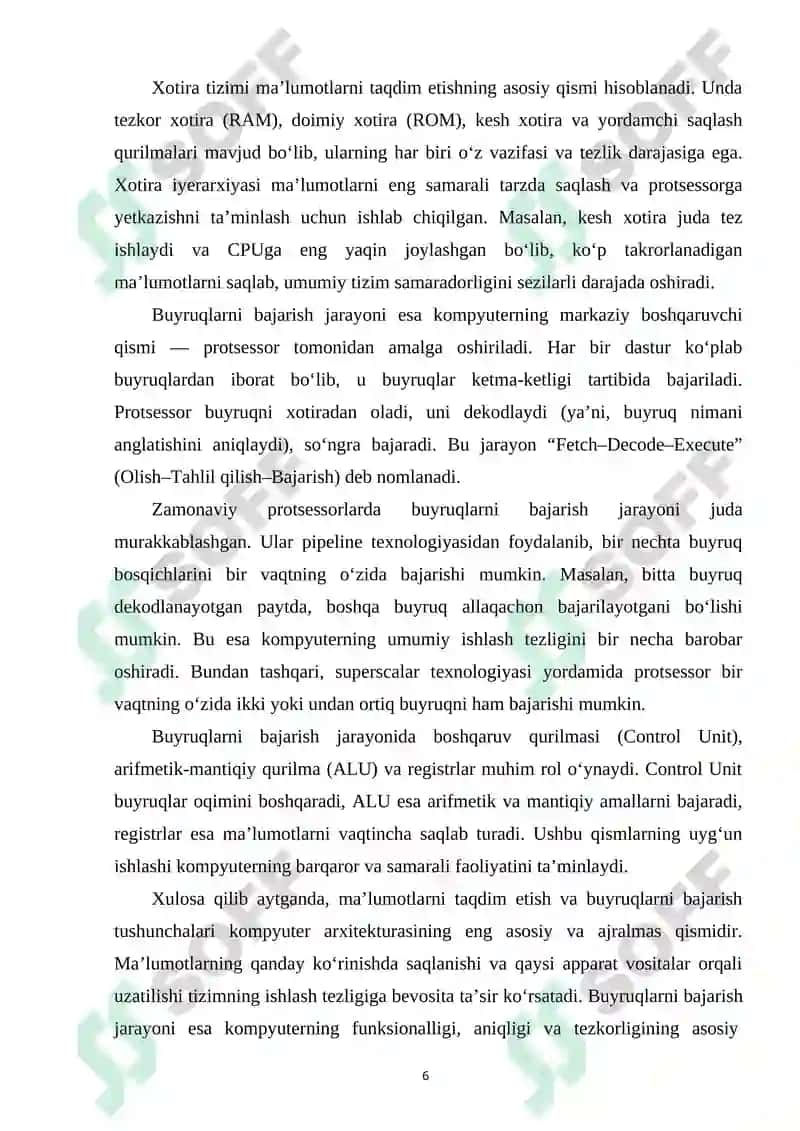 Parallel qayta ishlash, ma’lumotlarni taqdim etish va buyruqlarni amalga oshirishda apparat vositalarning vazifalari 6