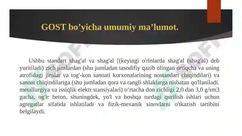 GOST 8269.0-97.“Qurilish ishlari uchun zich tog’ jinslari va sanoat chiqindilaridan maydalan gan tosh va shag‘al” 6