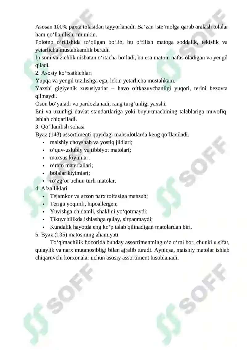 Byaz (135) assortimentidagi to‘qimachilik mahsuloti ishlab chiqarish korxonasini loyihalash 6