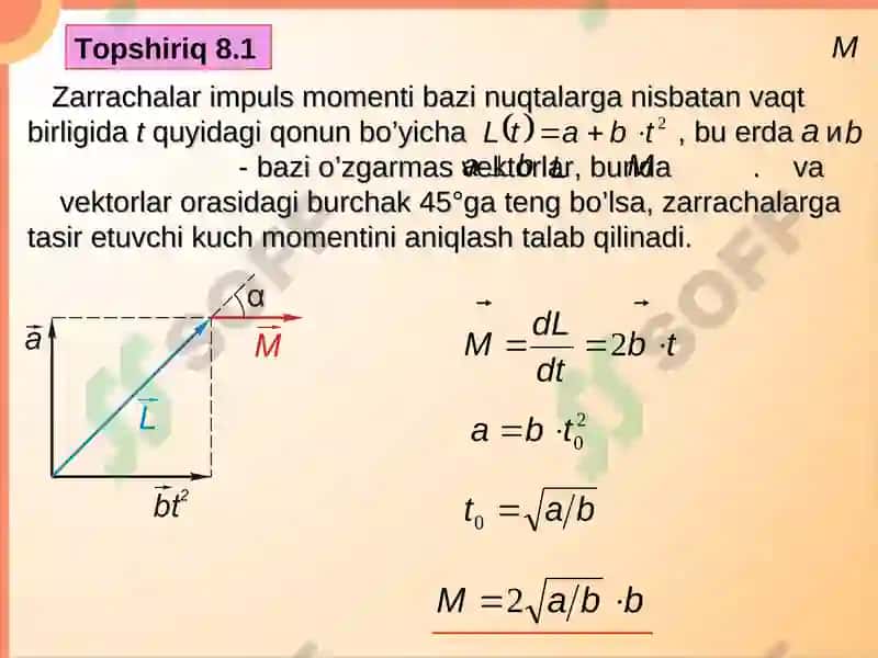 Zarrachaning O nuqtasiga nisbatan impuls momenti 6