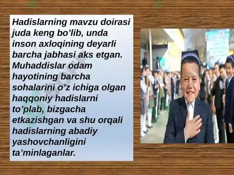 Hadisilmining paydo boʻlishi muhaddislarning imom ismoil al-buxoriy Imom ismoil At-Termiziy va boshqalar hadis ilmi rivojiga qoʻshilgan xissasi 6