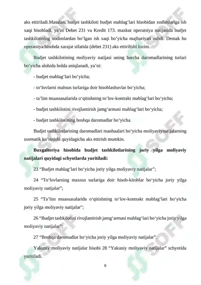 Budjet tashkilotlarida moliyaviy natijalar xisosida yozilgan 6