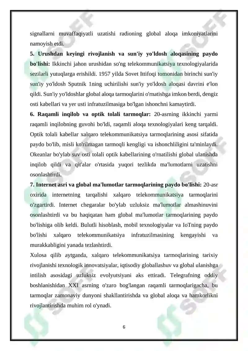 XALQARO TARMOQLAR-TELEFON QIT’ALARI, JAHON TELEKOMMUNIKATSIYA TARMOG‘I, XALQARO KOMMUTATSIYA MARKAZI XKM, XALQARO KONTINENTAL TARMOQLAR 6