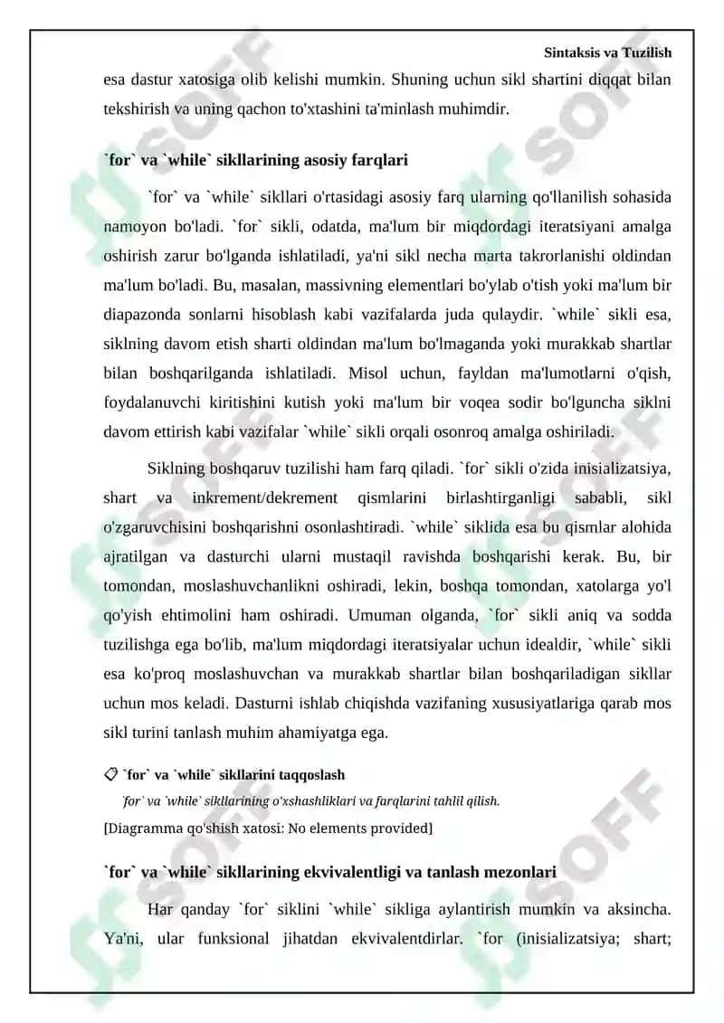 For sikli va while sikli o'rtasidagi o'xshashlik va farqlarini taqqoslang 6
