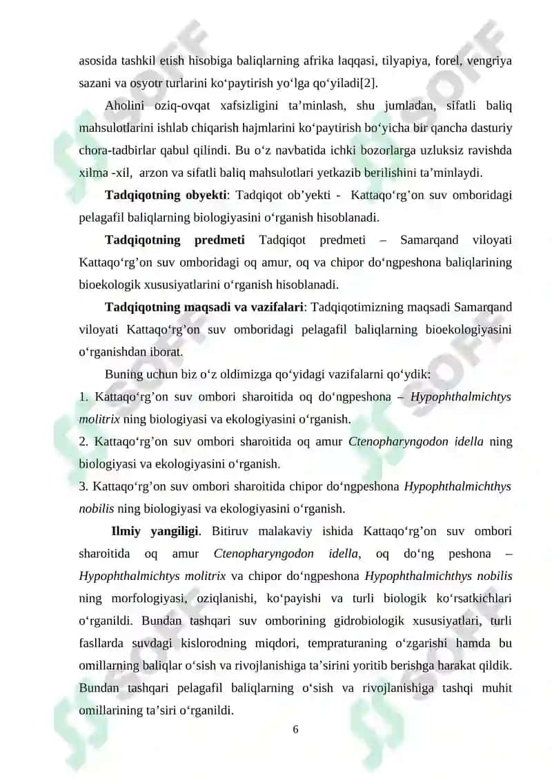 KATTAQO‘RG‘ON SUV OMBORIDA YETISHTIRILADIGAN PELAGOFIL BALIQLARNING BIOEKOLOGIYASI 6