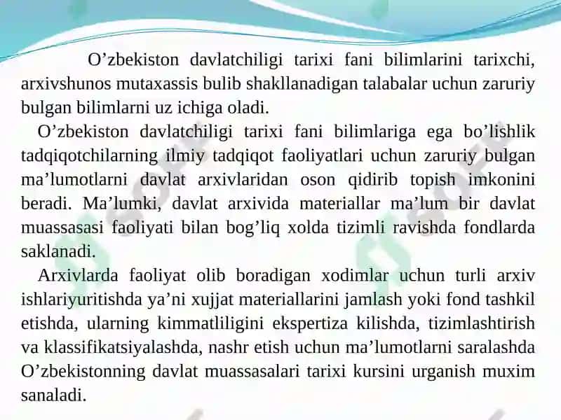 O’zbekiston davlat chiqarilgan tarix fanining ma’ruza mavzulari 6