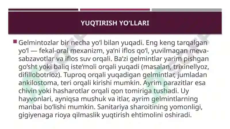 Gelmintlar odam parazitlari. Parazitlar kasalliklarning diagnostika usullari 6