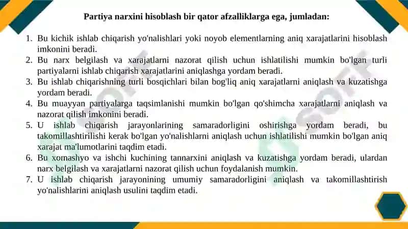 Partiyalar bo‘yicha va xizmat ko‘rsatish bo‘yicha harajatlarni hisoblash 6