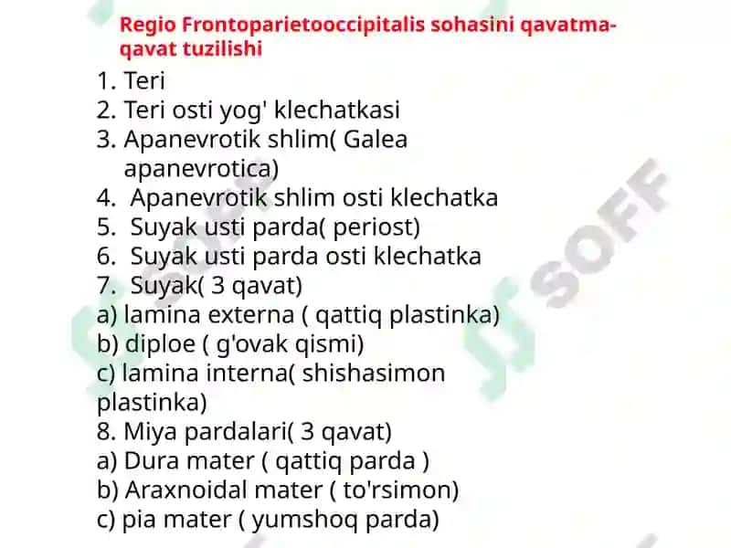Boshning miya qismi topografik anatomiyasi va operativ xirurgiyasi. Peshona, tepa, ensa, chakka, quloq va so‘rg‘ichsimon sohalar. Shipo uchburchagi va uning klinik axamiyati. Bosh soxasidagi kesma turlari. Trepanatsiya turlari 6