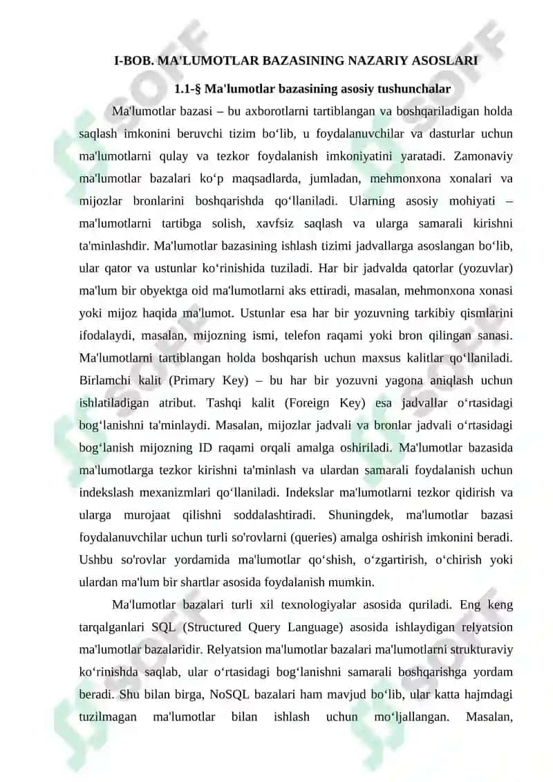 Mehmonxona xonalari va mijozlar bronlarini boshqarish uchun ma'lumotlar bazasini yaratish 6