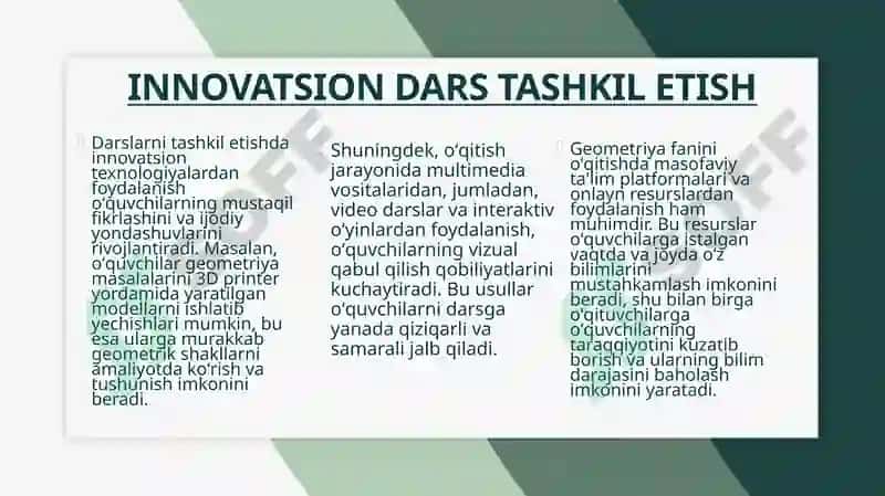 Geometriya fanini oʻqitishda ta’lim oluvchilarni faolligini oshirishda innovatsion texnologiyalardan foydalanib darslarni tashkil etish. 6