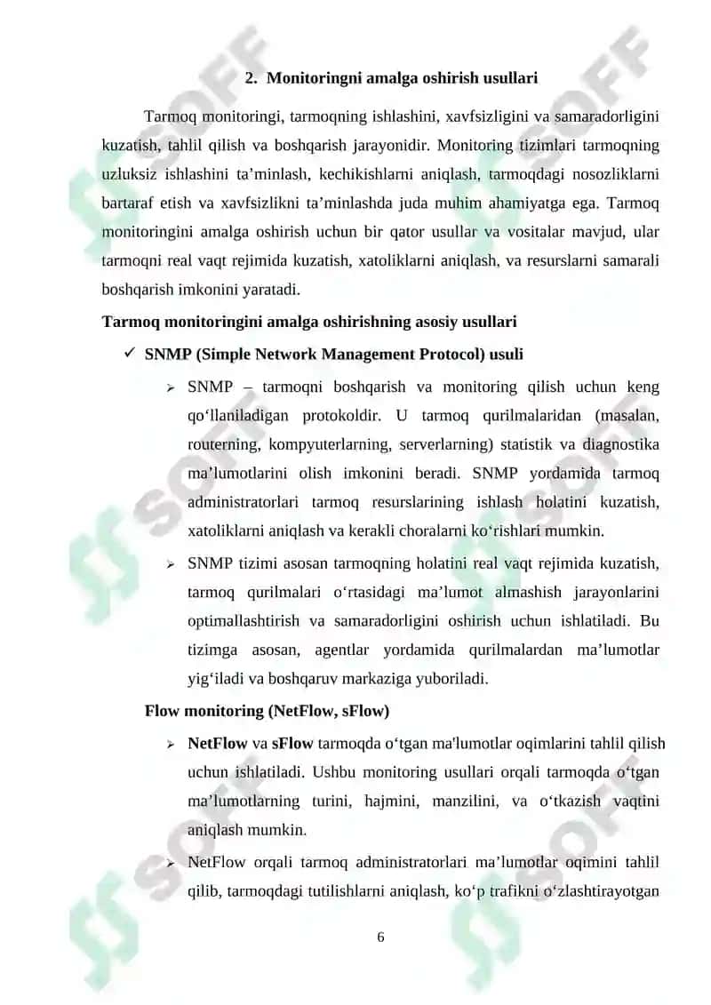 Ma’lumotlar uzatish tarmoqlarining ishonchlilik ko`rsatkichlariga talablar va ularni oshirish usullari. Ma’lumotlar uzatish tarmoqlarida monitoring usullari va protokollari 6