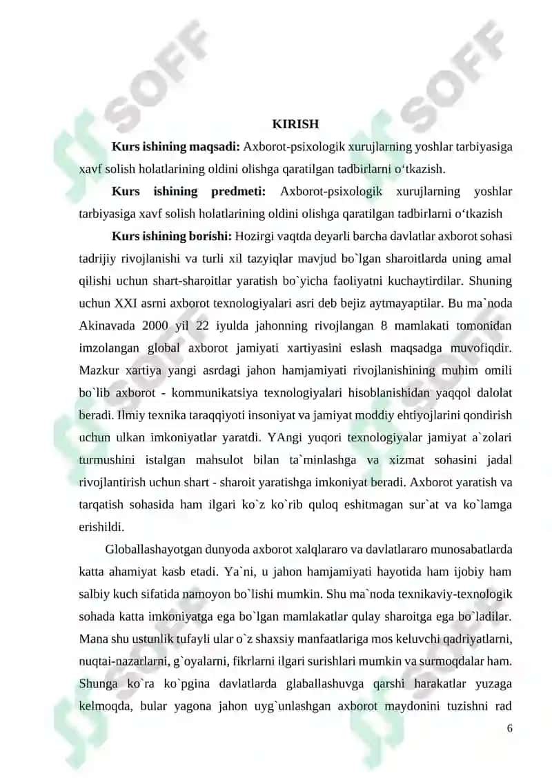 AXBOROT-PSIXOLOGIK XURUJLARNING YOSHLAR TARBIYASIGA XAVF SOLISH HOLATLARINING OLDINI OLISHGA QARATILGAN TADBIRLARNI O‘TKAZISH 6