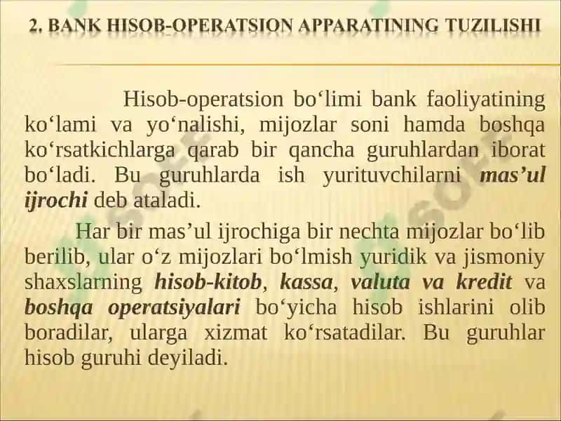 BANKLARDA BUXGALTERIYA HISOBINI TASHKIL QILINISHI 6