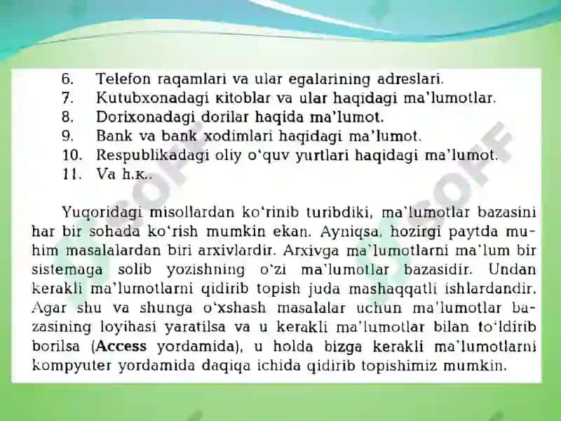 Ma’lumotlar bazasining maqsadi, vazifalari va asosiy tushunchalari 6