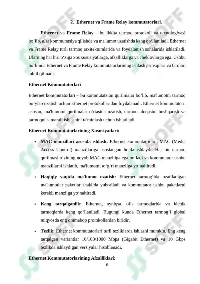 Kanal pog‘onasining protokollari (Frame Relay, ATM, Ethernet). Kommutatorning funksional modeli, turlari va MAC-jadvalning ishlash tamoyillari 6
