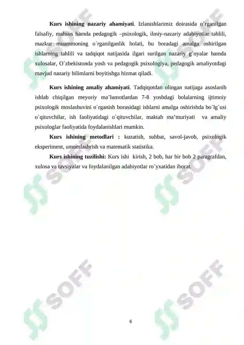 7-8 yoshli bolalarni ijtimoiy psixologik moslashuvini psixolog olimlar tomonidan o'rganilishi va bola shaxsini shakllanishi 6
