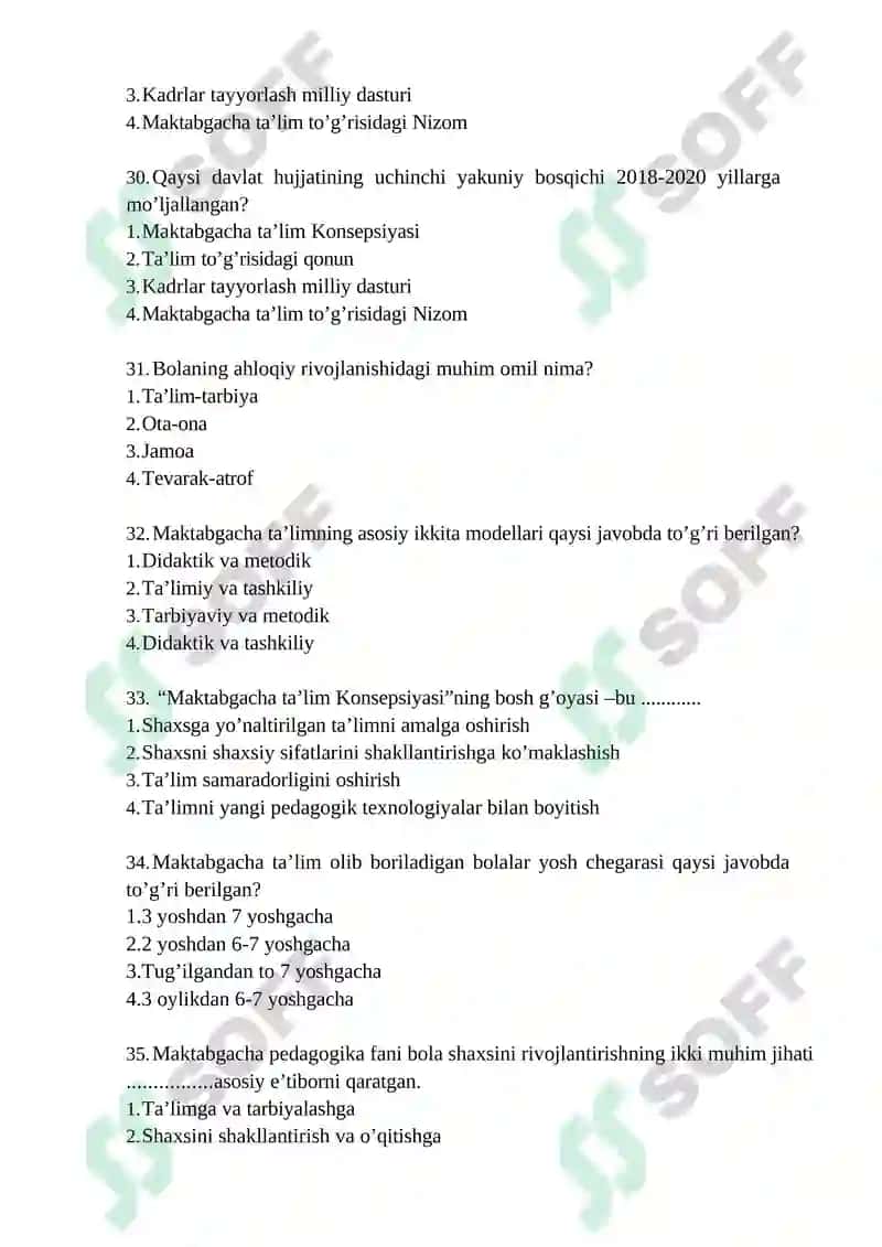 MAKTABGACHA PEDAGOGIKA FANIDAN DAVLAT ATTESTATSIYASI UCHUN TEST SAVOLLAR 6