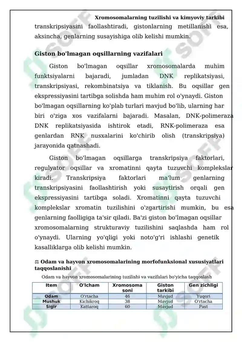 Odam va hayvon xromosomalarining morfofuksional xarakteristikasi 6