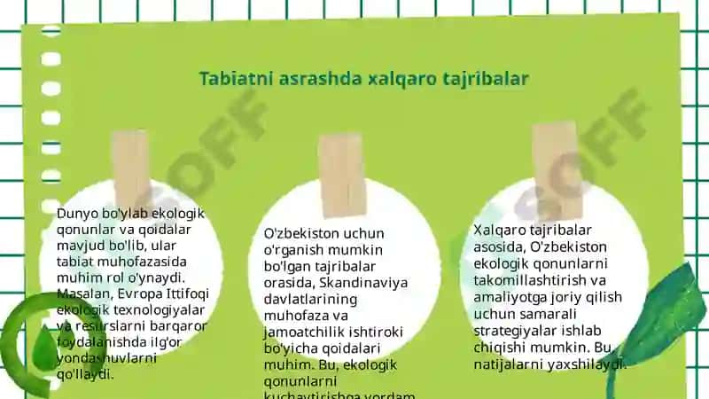 O'zbekiston Respublikasi tabiatni asrashga doir qonunlarni o'rganish va tahlil qilish. 6