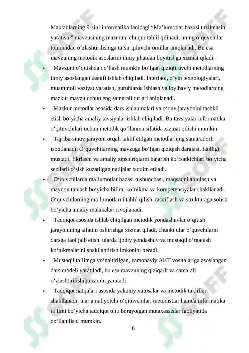 Umumiy o’rta ta’lim maktablarining 9-sinfida Informatika va AT fanidan “Ma’lumotlar bazasi tuzilmasini yaratish. Ma’lumotlarni boshqarish va taqdim etish” mavzusini o‘qitishda interfaol metodlardan foydalanish 6