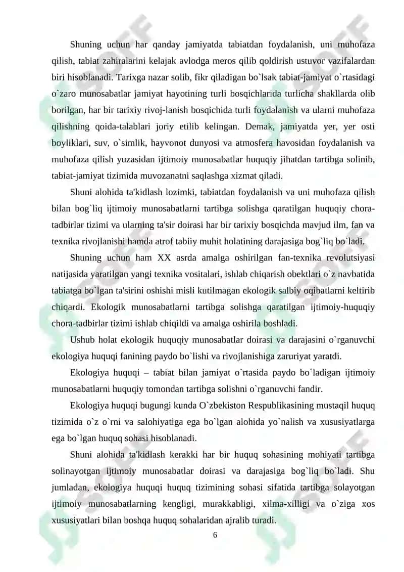 O‘zbekiston Respublikasida ekologiya huquqi rivojlanishing aholi ekologik ongiga ta’siri (BITIRUV  MALAKAVIY ISHI) 6