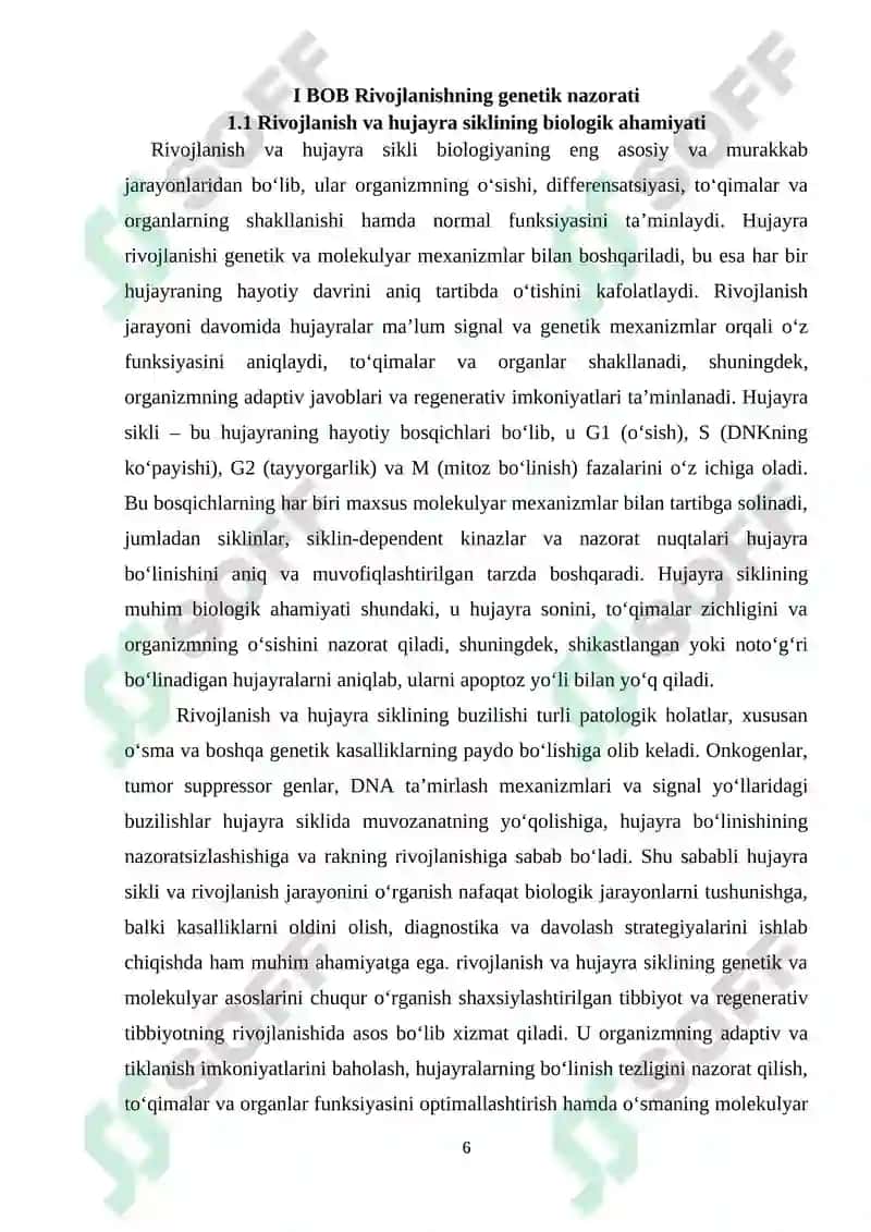 Rivojlanishning genetik nazorati. Hujayra sikli va ósma ( rak) ning molekulyar genetikasi. 6