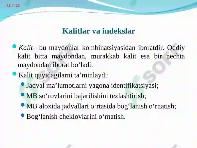 Реляцион маълумот модели. Маълумотлар базасида муносабатлар 6