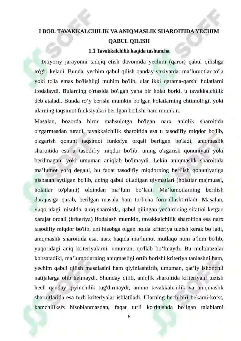 Tavakkalchilik va aniqmaslik sharoitida yechim qabul qilish. Kooperativ o‘yinlar KURS ISHI 6