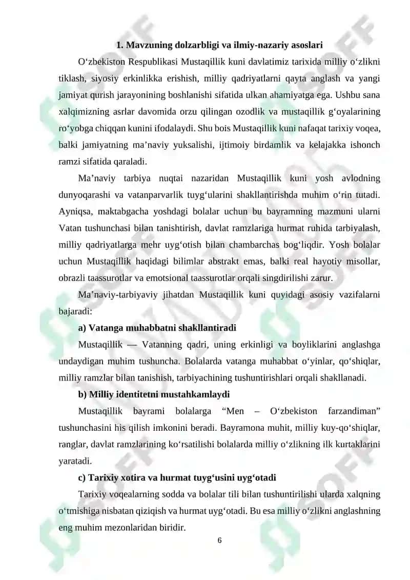 Maktabgacha ta'lim tashkilotlarida "O'zbekiston Respublikasining Mustaqillik kuni" munosabati bilan ma'naviy-ma'rifiy tadbirlarni tashkil etish loyixasi 6