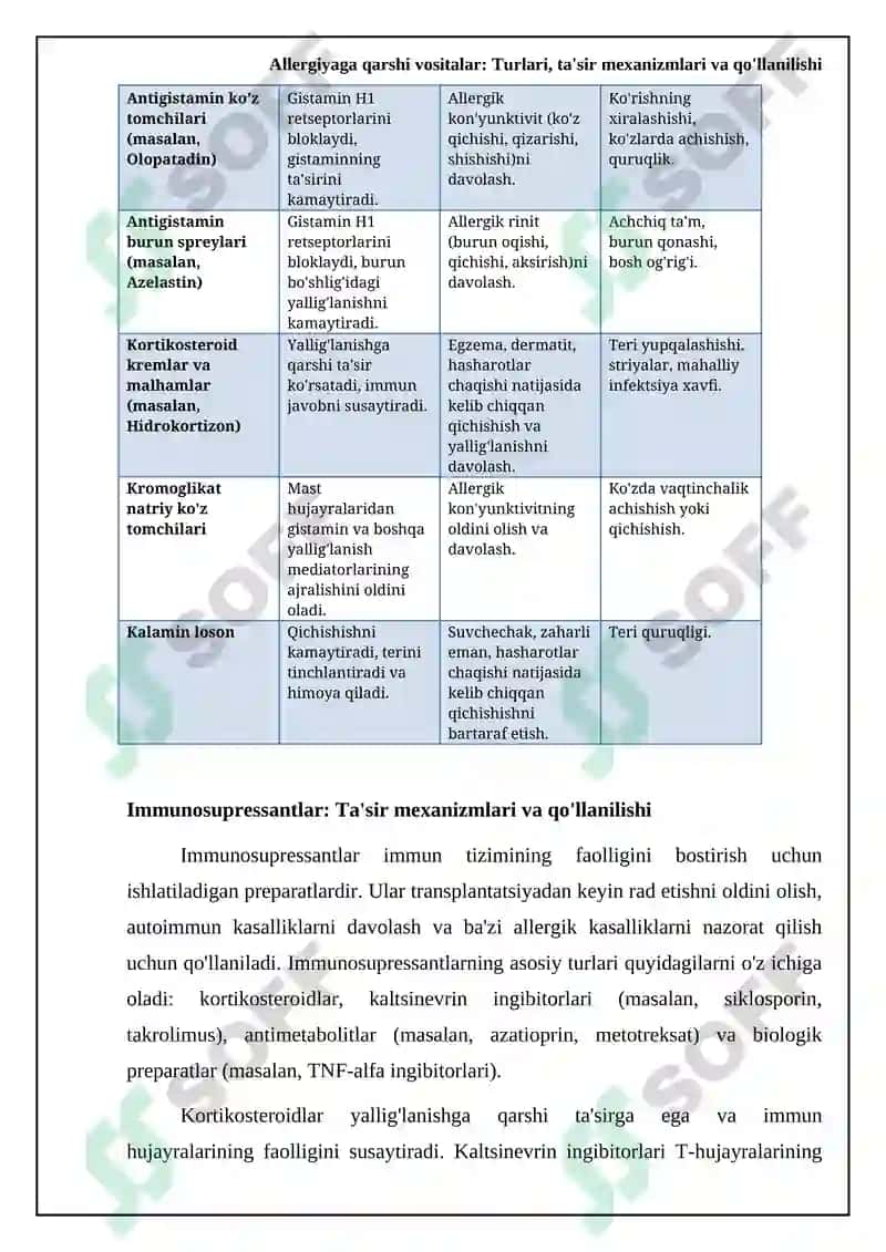 Allergiyaga qarshi vositalar: Turlari, ta'sir mexanizmlari va qo'llanilishi 6