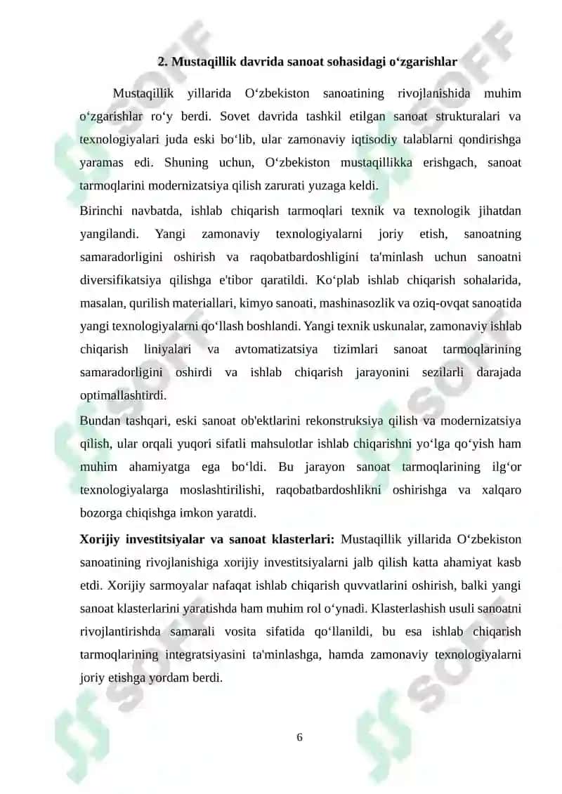 MUSTAQILLIK YILLARIDA QISHLOQ XO‘JALIGI VA SANOAT SOHASIDAGI O‘ZGARISHLAR 6
