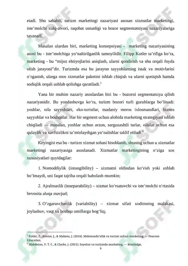 Turizm marketingining nazariy asoslari va ularning zamonaviy talqini 6