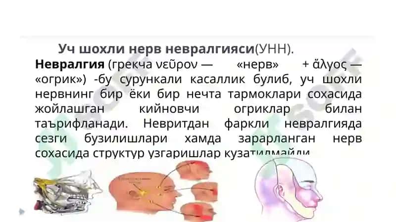 Юз-жағ сохасининг неврологик бузилишлари ва оғриқлар. Оғриқ компонентлари ва механизми. Уч шохли нерв невралгияси. Юз-жағ соҳаси невритлари. Юз мимик мушакларининг парез ва параличи.  Текшириш усуллари ва хирургик даволаш принциплари. 6