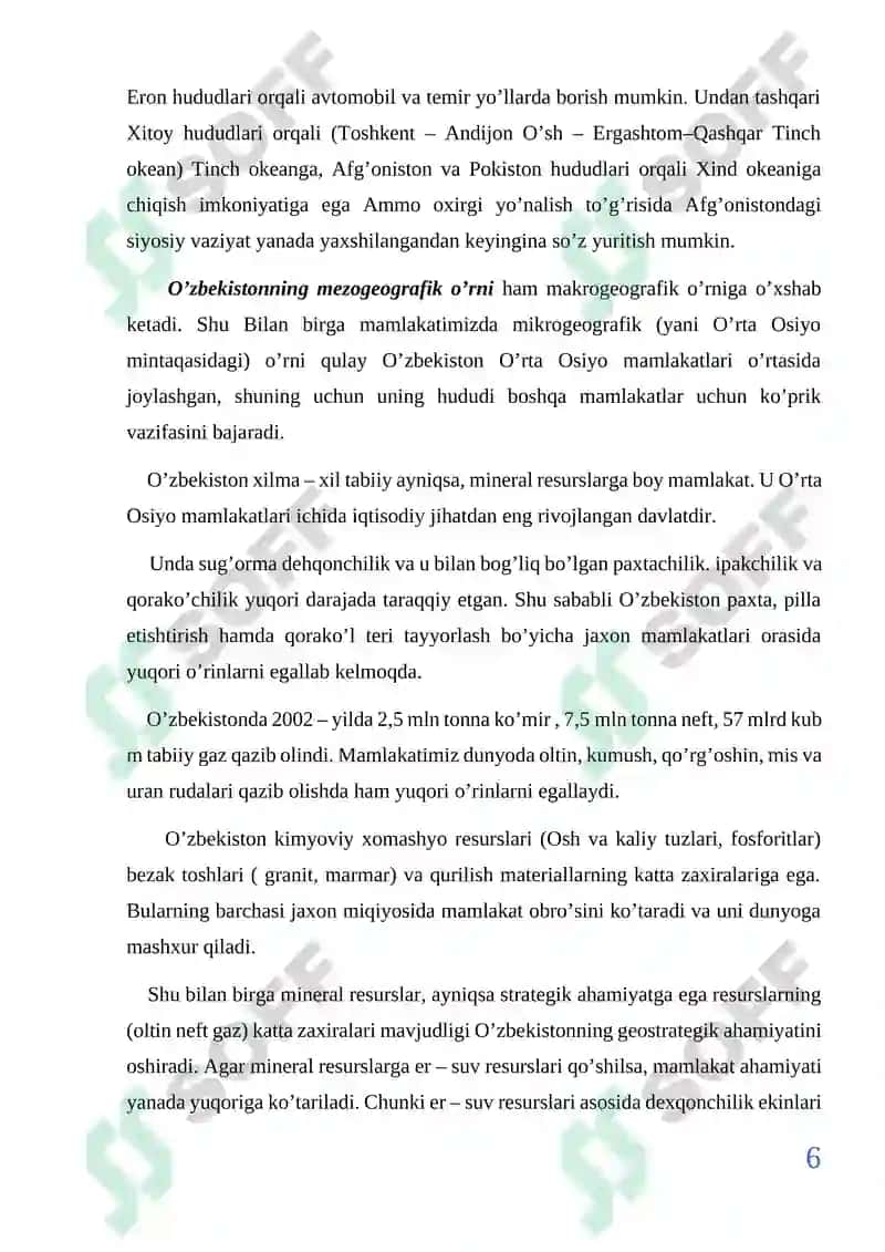 O’zbekistonning dunyo siyosiy xaritasida tutgan o’rni va roli kurs ishi 6